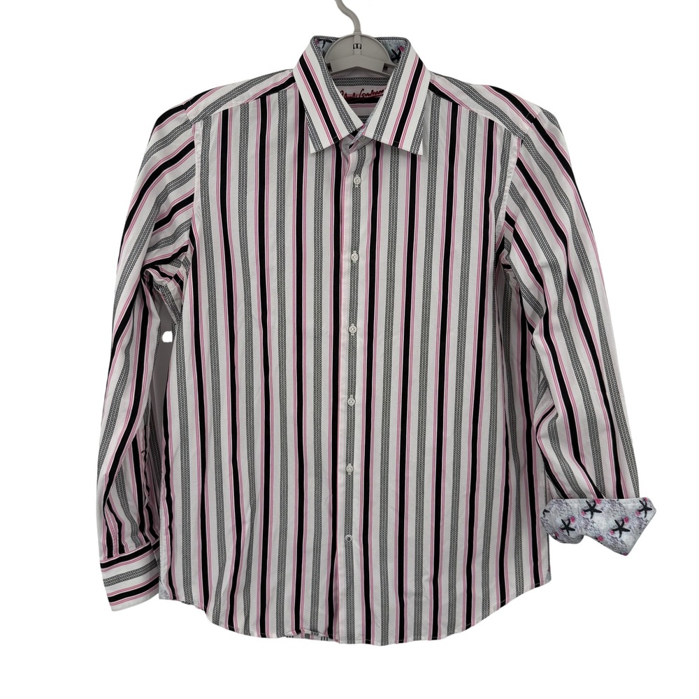 Robert Graham Mens Long Sleeve Button Down Shirt Pink Black Stripe Size 16 M/L